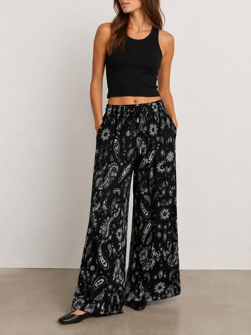 STACCATO Paisley Wide Leg Palazzo Boho Loungewear Vacation Pants